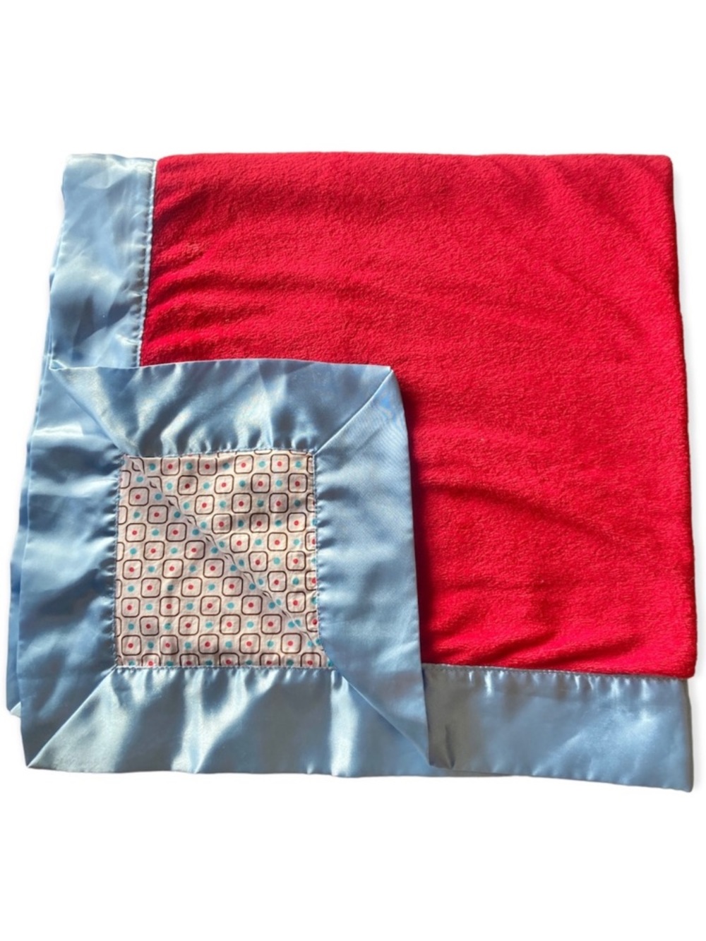 Caden Lane Nursery Baby Blanket Blue Satin Edges Plush Red White Square Dot 32”